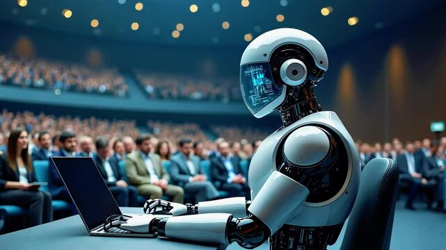 A humanoid robot seated at a laptop during a conference, with an audience engaged in the background