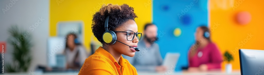 Poster woman wearing headphones using computer in a modern workspace with a focused expression on her face