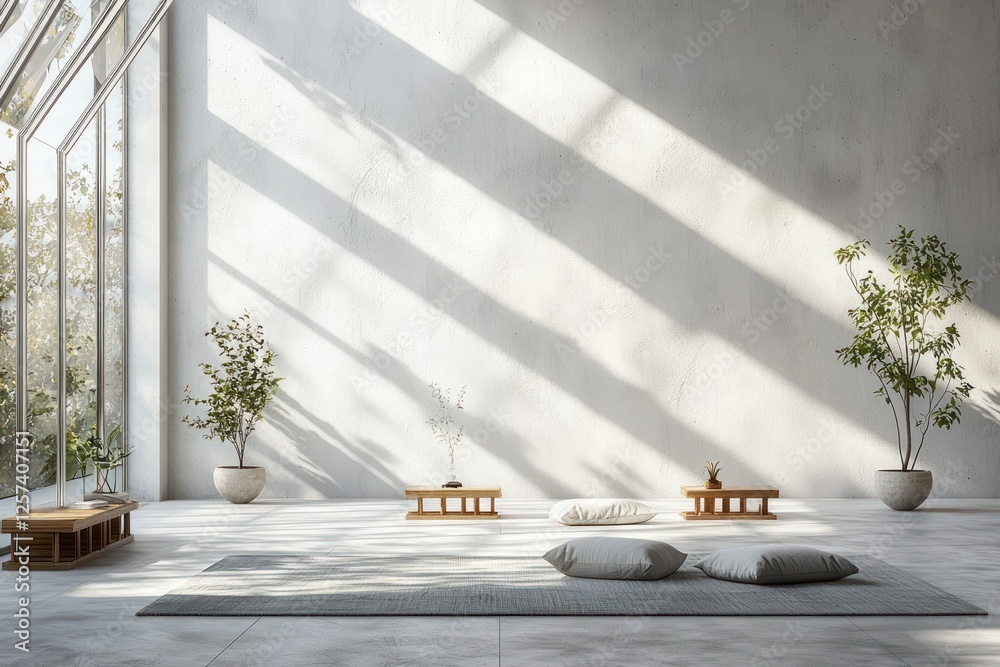 Poster serene and minimalist room with natural light and greenery for relaxation and meditation spaces