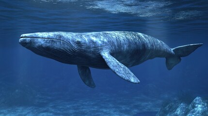 Naklejka premium A majestic whale swimming gracefully underwater in a serene ocean environment.