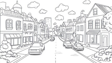 Obraz premium City street scene, cars driving, houses, sunny day, coloring page