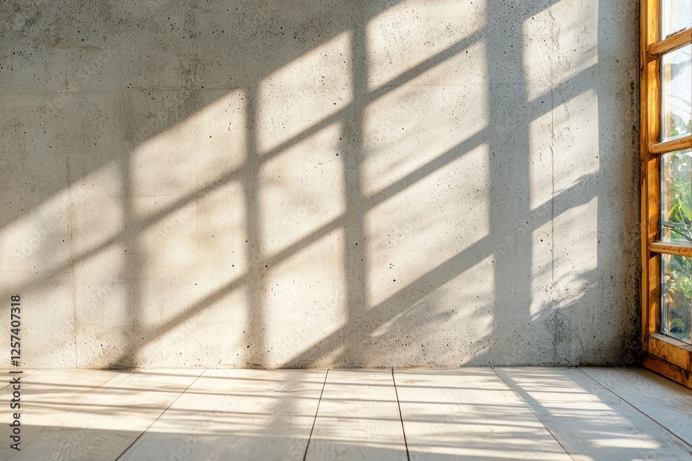 Poster sunlight casting shadows through windows on a minimalist interior wall and floor