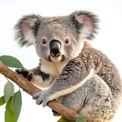 Fototapeta premium Adorable Koala Bear on Eucalyptus Branch Wildlife Photography Australian Animal Cute Fluffy Gray Fur Wildlife Image Nature Closeup Portrait Tree Leaf 