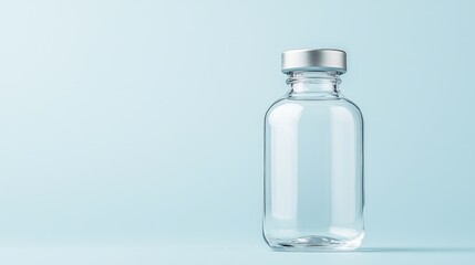 Clear glass vial, medical, light blue background