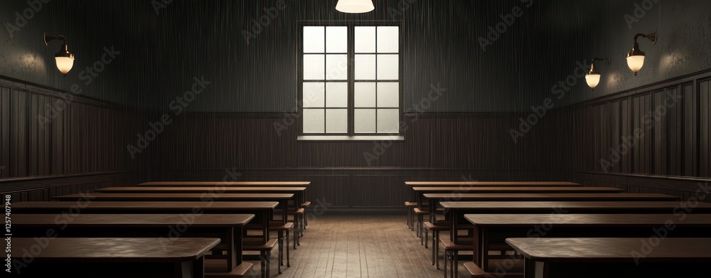 Poster Empty Dark Classroom with Desks and Window Illuminated by Soft Light