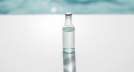 A bottle of water on a table near a pool, creating a refreshing vibe in a relaxing outdoor space