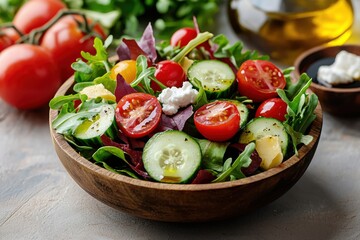 Fresh vegetable salad with tomatoes, cucumbers and goat cheese.
