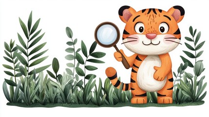 A cartoon tiger holding a magnifying glass stands among lush green leaves, exuding curiosity and a playful spirit.
