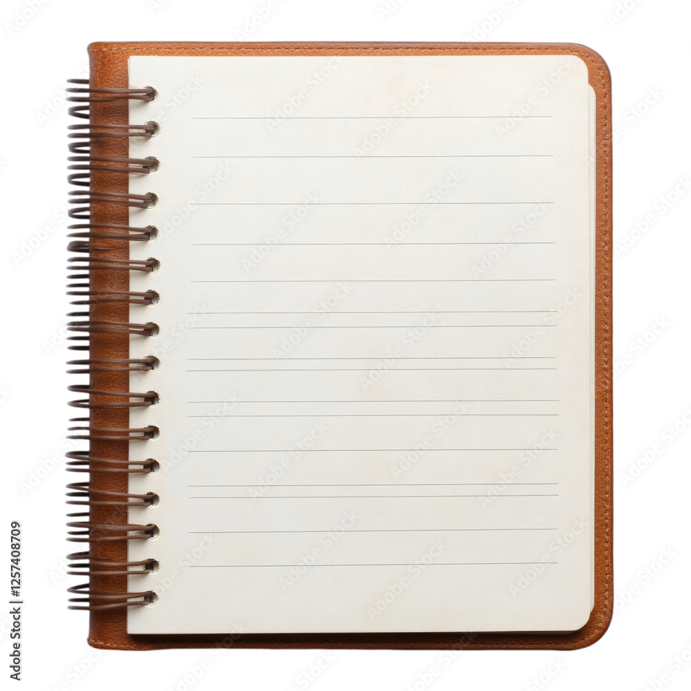 Poster realistic high-quality isolated object of a spiral notebook with lined pages, slightly curled edges, academic and office stationery, on a white background, no object touching frame edges