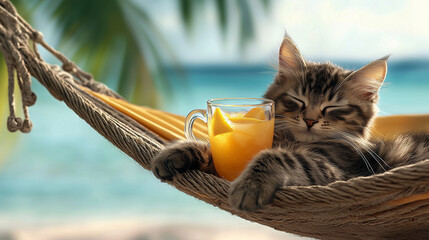 Lazy Cat Relaxing in Hammock with Fruit Punch Drink