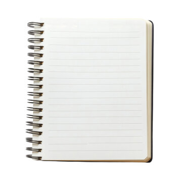 realistic high-quality isolated object of a spiral notebook with lined pages, slightly curled edges, academic and office stationery, on a white background, no object touching frame edges