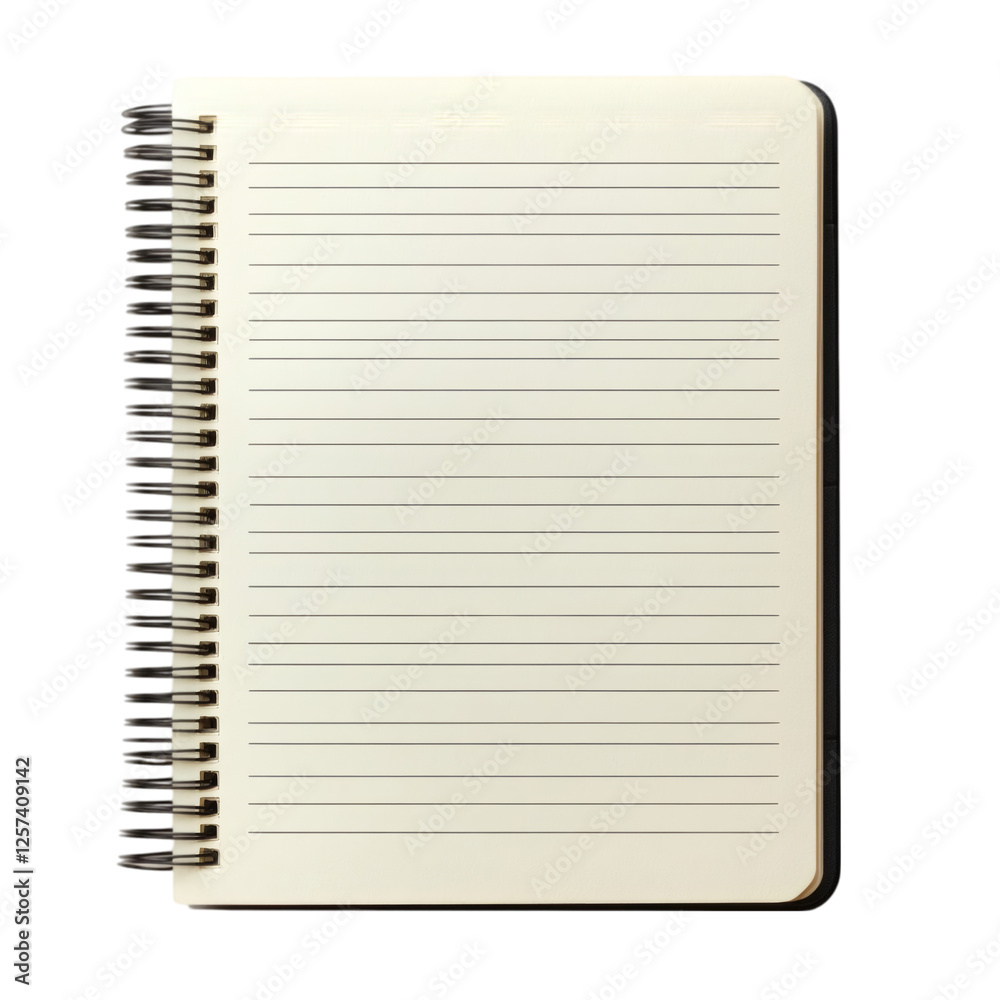 Poster realistic high-quality isolated object of a spiral notebook with lined pages, slightly curled edges, academic and office stationery, on a white background, no object touching frame edges