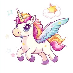 Adorable Rainbow Unicorn Flying with Wings Pastel Colors Magical Fantasy Cute Illustration for Kids Room Decor Children Book Design Pretty Pony art   
