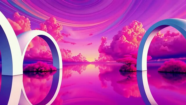 Surreal landscape featuring vibrant pink clouds, reflective water, and futuristic arches at sunset