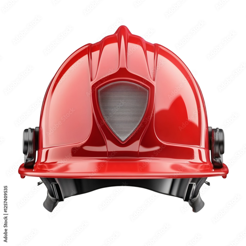 Poster realistic high-quality isolated object of a red firefighter helmet with a reflective emblem, durable heat-resistant design, professional safety gear, on a white background, no object touching frame