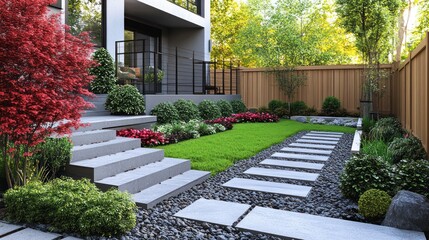 Obraz premium Modern backyard landscaping design, stone path, green lawn, urban setting, home sale
