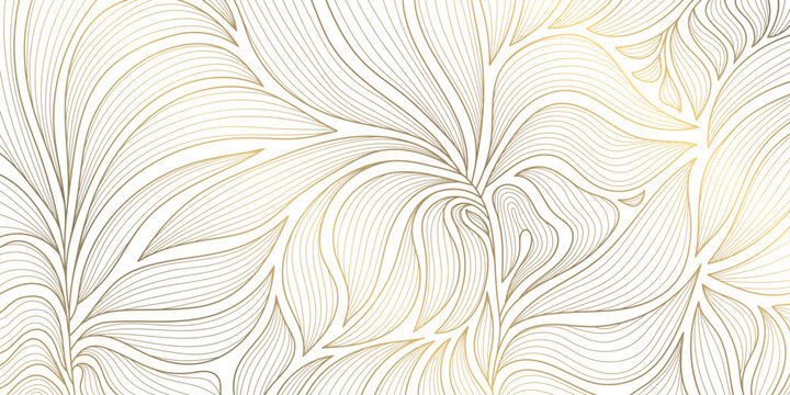 Vector golden leaves art deco pattern, flower line luxury motif, fancy nouveau nature background. Wavy japanese elegant wallpaper, foliage illustration