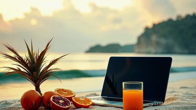 A serene beach scene featuring a laptop, fresh oranges, and a glass of juice at sunset