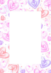 Hand drawn watercolor St. Valentine postcard frame border. Illustration of hearts and confetti isolated on white background. Can be used for postcard, cover, scrapbook and other printed products.