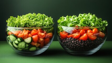 Freshly prepared salad bowls with vibrant vegetables on a green background, ideal for healthy eating concepts