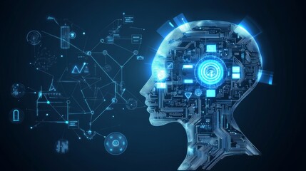 Abstract concept of AI computing, AI circle working with artificial intelligence data, futuristic digital technology on a dark blue background, symbolizing advanced AI systems and future tech.