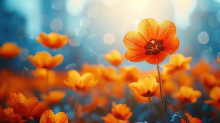 Obraz premium Vibrant orange tulips blooming in a sunlit garden, creating a serene atmosphere with blurred background