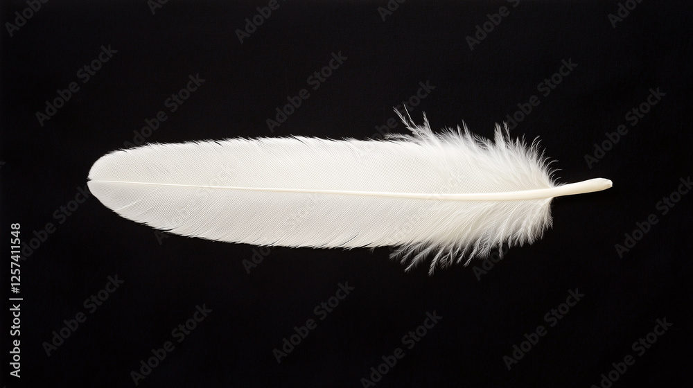 Poster single white feather with soft textures on black background