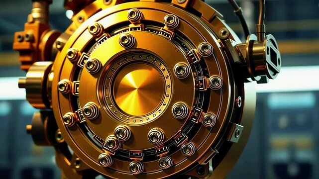 Close-up view of a shiny, intricate mechanical component in a modern industrial workshop setting