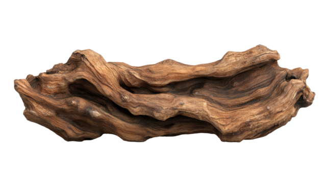 Unique wooden driftwood piece with intricate textures and natural patterns. transparent background