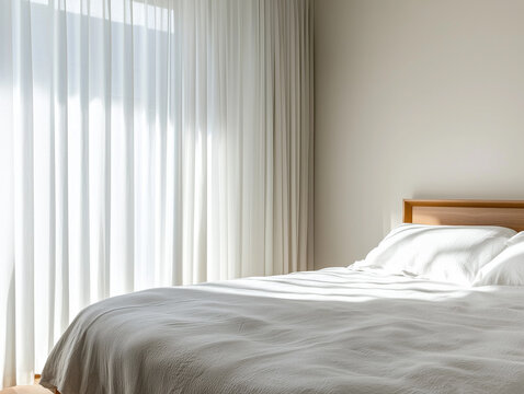 Minimalist bedroom with platform bed and soft linens