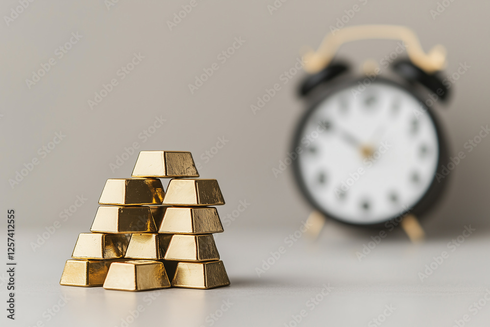 Poster Stack of gold bars with clock in background