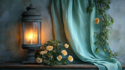 Fototapeta premium Antique lantern, pastel roses, draped teal fabric, still life on wooden surface