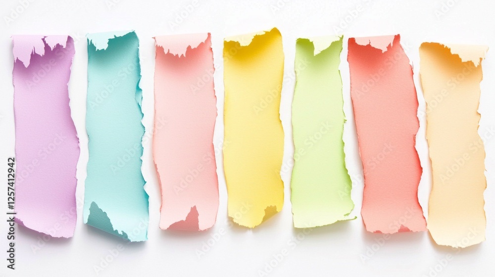 Poster torn strips of pastel colored paper are displayed in a vibrant row, each piece revealing unique text
