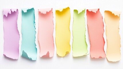Torn strips of pastel colored paper are displayed in a vibrant row, each piece revealing unique textures and hues. This arrangement inspires creativity and evokes a playful artistic vibe