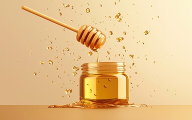 A golden honey jar flipping in mid air with thick honey dripping from a wooden dipper, pastel gold background