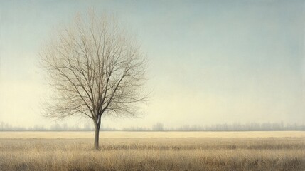 Lone tree autumn field foggy landscape serenity