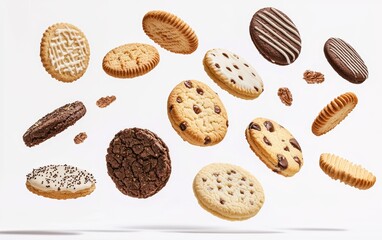 A dynamic composition of assorted cookies flying in mid air with dramatic lighting, bright white background