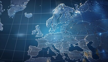 Tactical firefly map of Europe showcasing wireframe grid layout on a blue background for strategic planning and operations