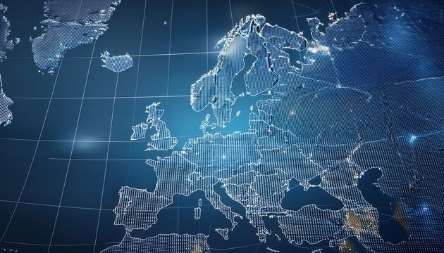 Tactical firefly map of Europe showcasing wireframe grid layout on a blue background for strategic planning and operations