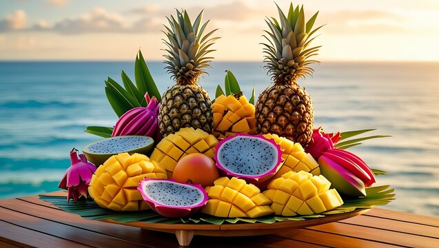 Fresh tropical fruits with pineapple mangoes and passion fruit beautifully arranged on a table with ocean view at sunset