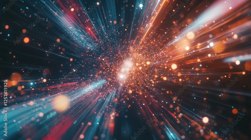 Poster abstract data visualization with bright, moving nodes, creating a real-time digital network represen