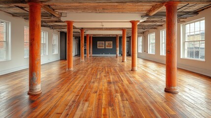 Fototapeta premium Vast industrial space with orange columns & rich wood floors. Ideal for concepts of architecture, restoration, or large venue events.