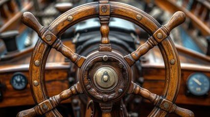 Antique wooden ship steering wheel, close-up, boat interior, gauges visible
