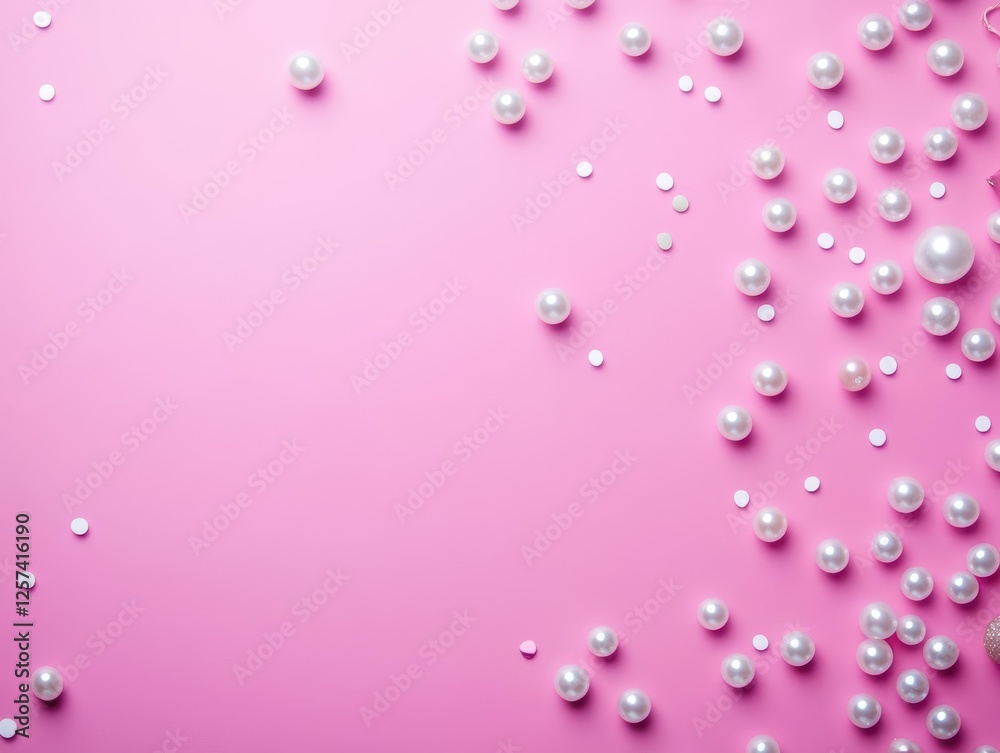 Poster pink background with white pearls arranged in a circular pattern for elegant decor
