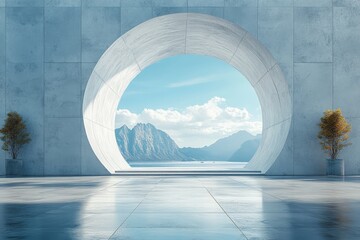 Fototapeta premium Abstract White Concrete Wall Interior with Blue Sky Background, Modern Photorealistic Architecture. 
