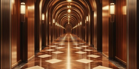 Fototapeta premium Elegant Hotel Corridor With Archways And Warm Lighting