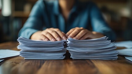 Person reviewing a large stack of paperwork