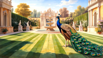A Renaissance-style painting of a peacock with iridescent feathers in a palace garden. 1