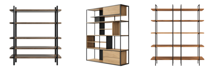 Sleek shelving units in contemporary design with wood and metal materials