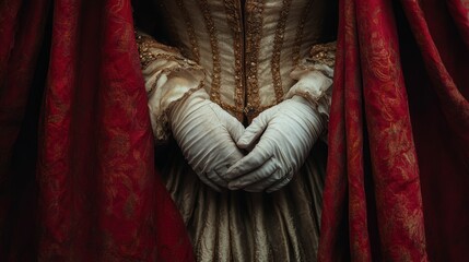 Elegant Woman in Historical Costume with Red Drapery and Intricate Gloves Holding Hands Together in a Portrait of Timeless Beauty and Regal Charm